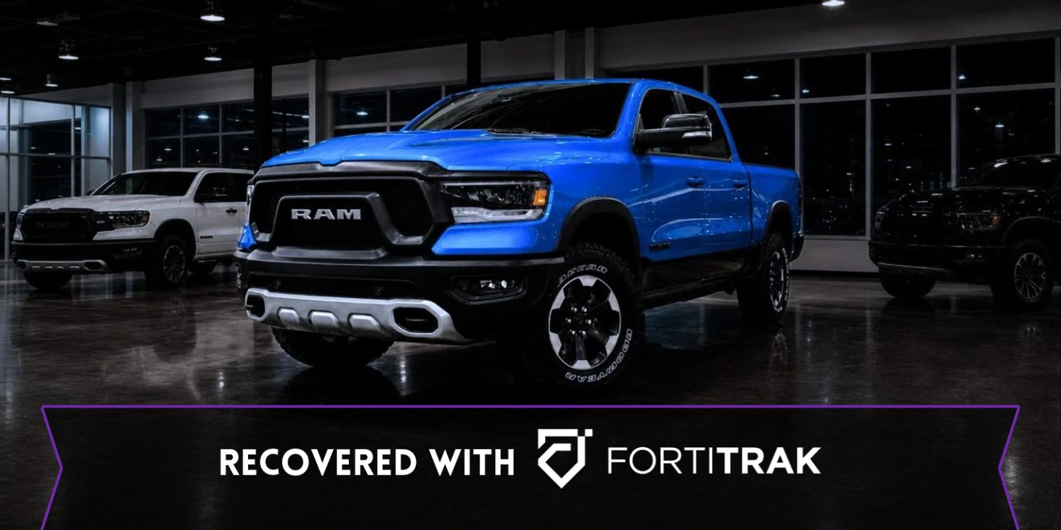 Blue Dodge Ram 1500 recovered with FortiTrak after being stolen from a New Jersey dealership